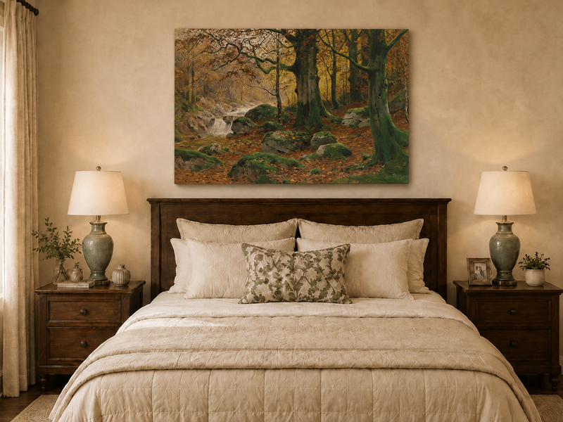 Landscape Oil Painting - Autumn forest glen & mossy rocks, stream