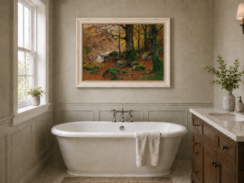 Landscape Oil Painting - Autumn forest glen & mossy rocks, stream