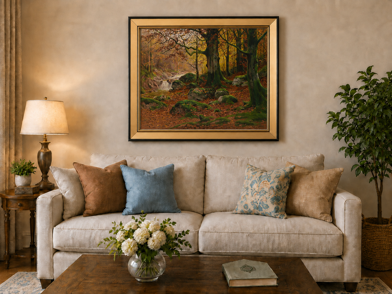 Landscape Oil Painting - Autumn forest glen & mossy rocks, stream