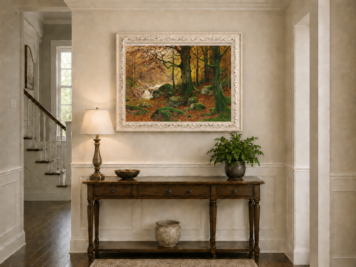 Landscape Oil Painting - Autumn forest glen & mossy rocks, stream