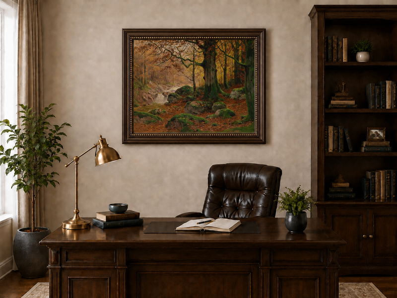 Landscape Oil Painting - Autumn forest glen & mossy rocks, stream