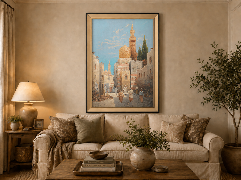 Landscape Oil Painting - Historic City Street Golden Minarets
