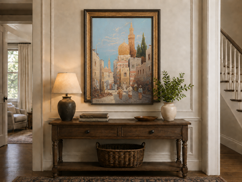 Landscape Oil Painting - Historic City Street Golden Minarets