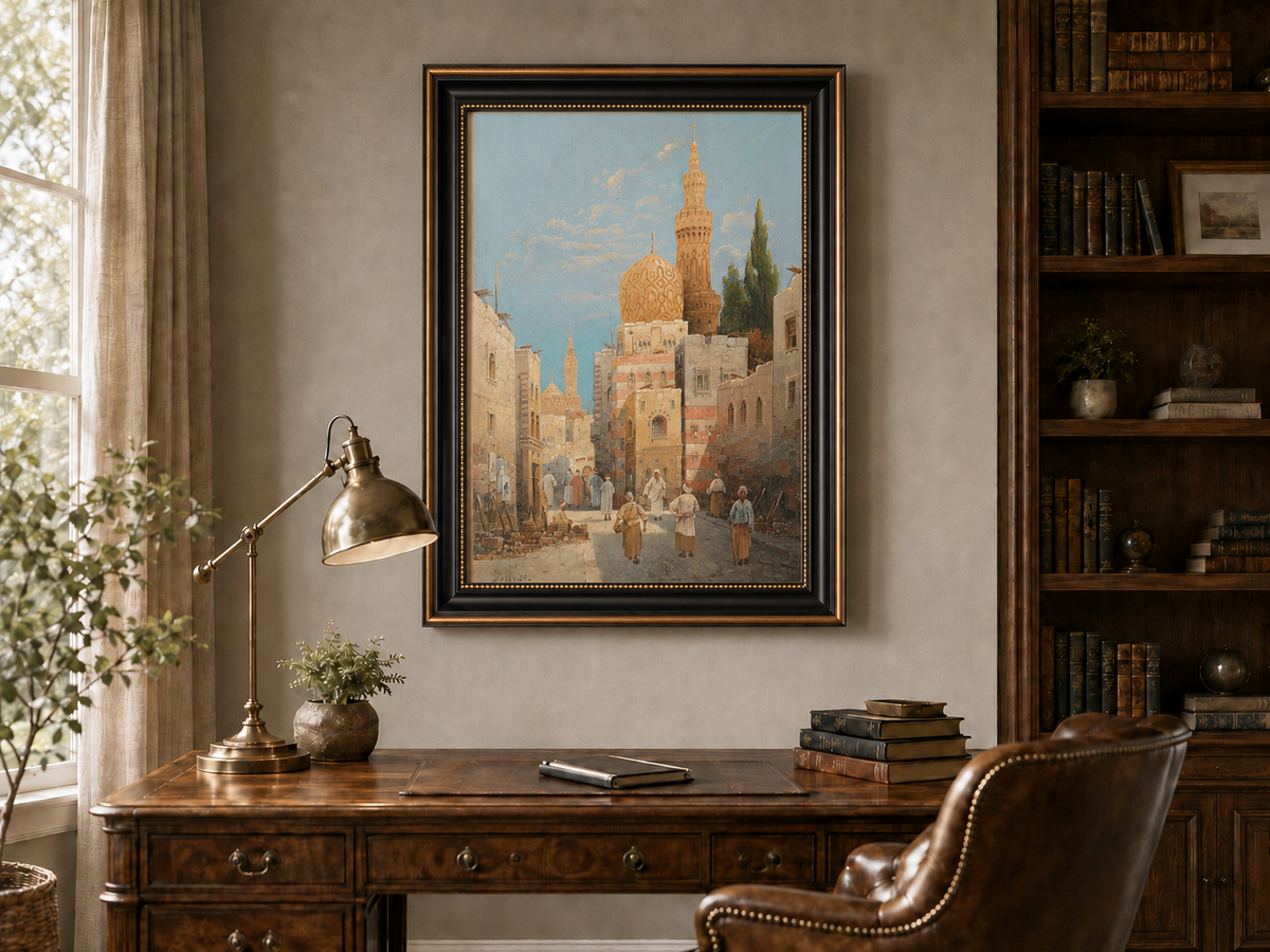 Landscape Oil Painting - Historic City Street Golden Minarets