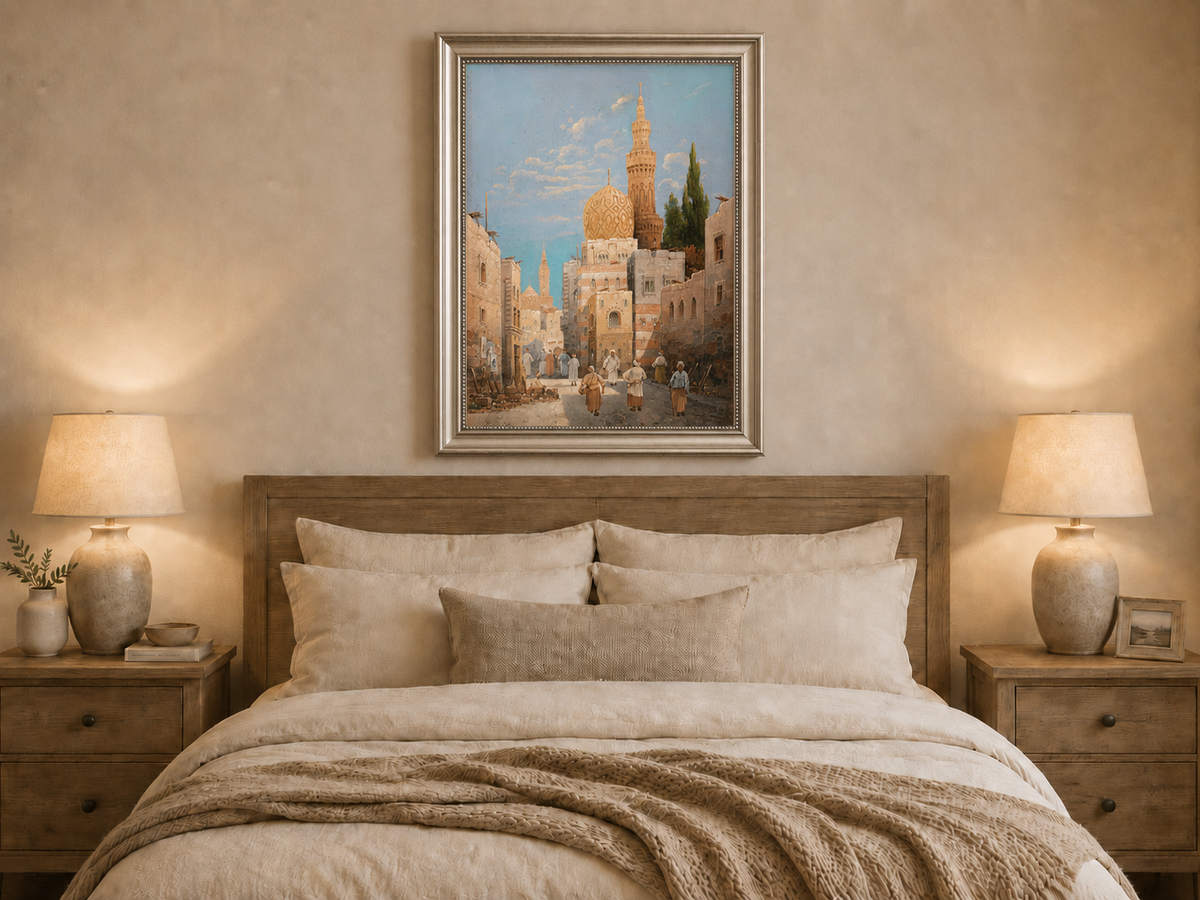 Landscape Oil Painting - Historic City Street Golden Minarets