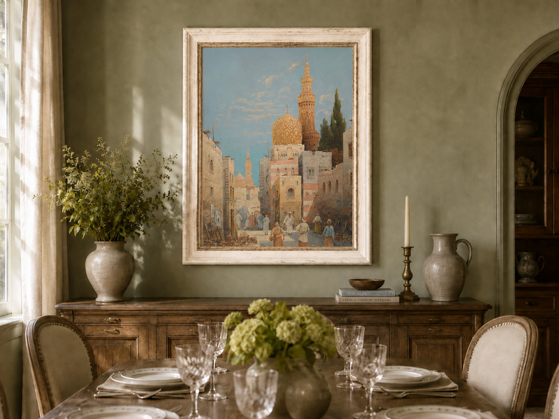 Landscape Oil Painting - Historic City Street Golden Minarets