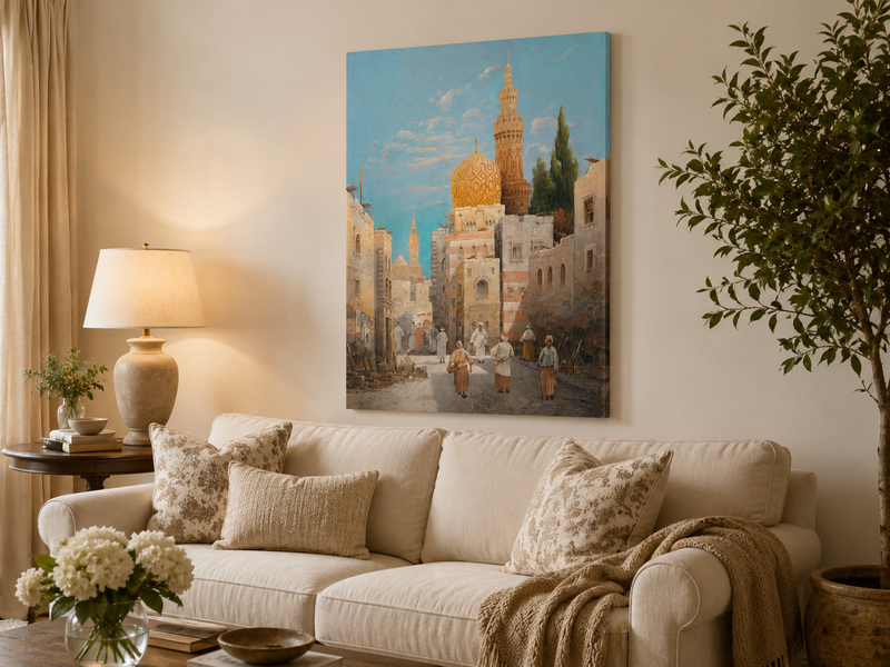 Landscape Oil Painting - Historic City Street Golden Minarets