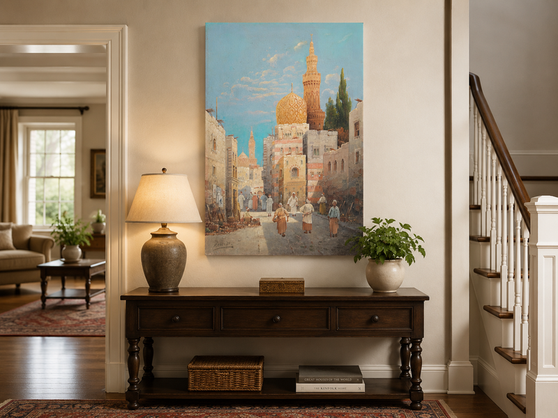 Landscape Oil Painting - Historic City Street Golden Minarets