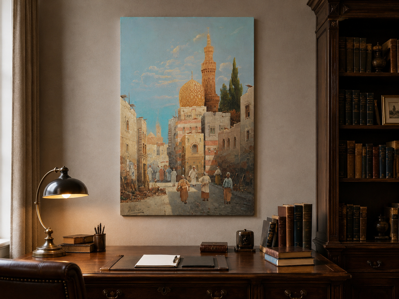 Landscape Oil Painting - Historic City Street Golden Minarets
