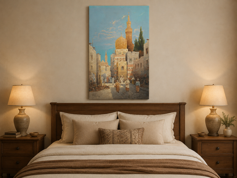 Landscape Oil Painting - Historic City Street Golden Minarets