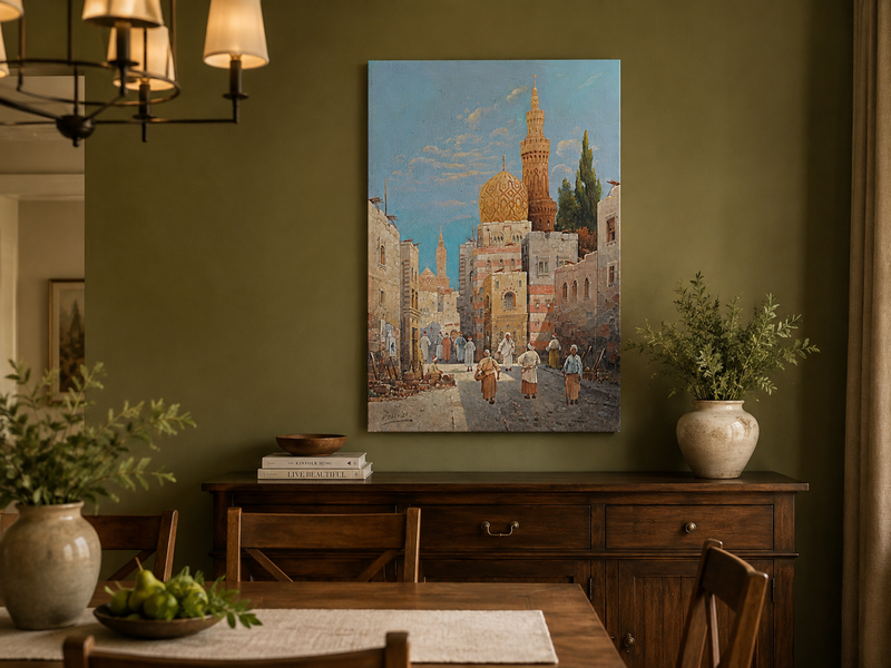 Landscape Oil Painting - Historic City Street Golden Minarets