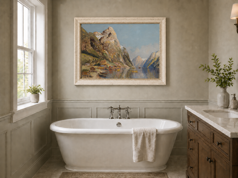 Peinture à l'huile de paysage - Village de Fjord Montagneux