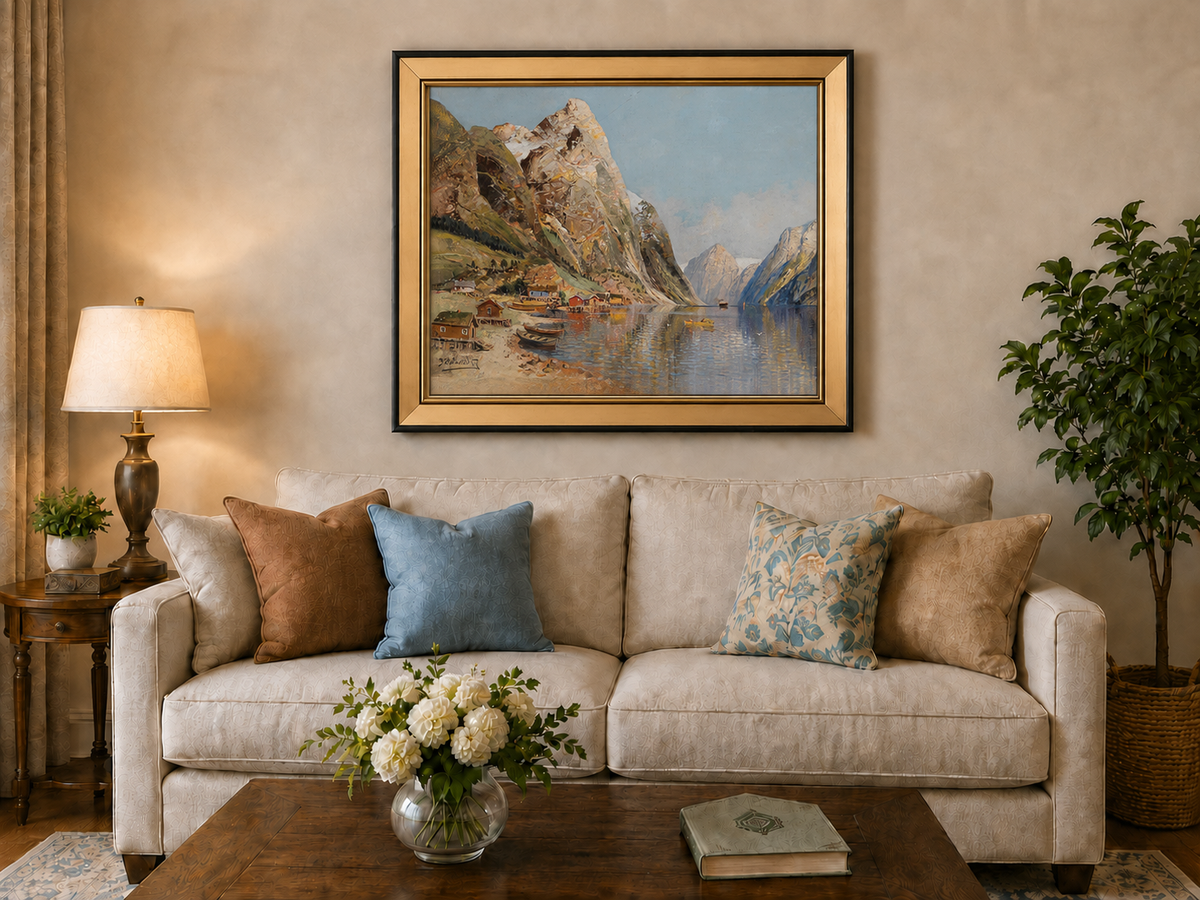 Peinture à l'huile de paysage - Village de Fjord Montagneux