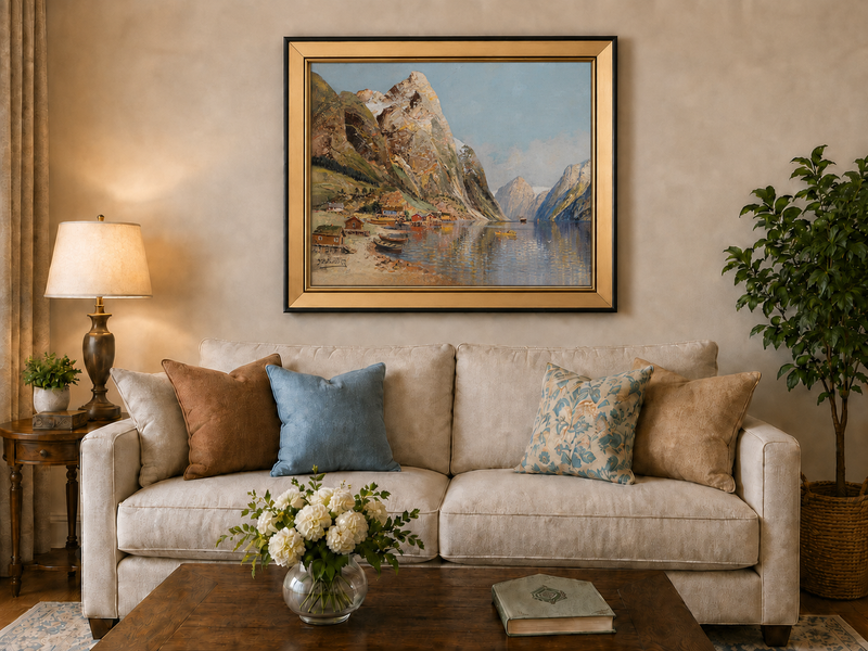 Peinture à l'huile de paysage - Village de Fjord Montagneux