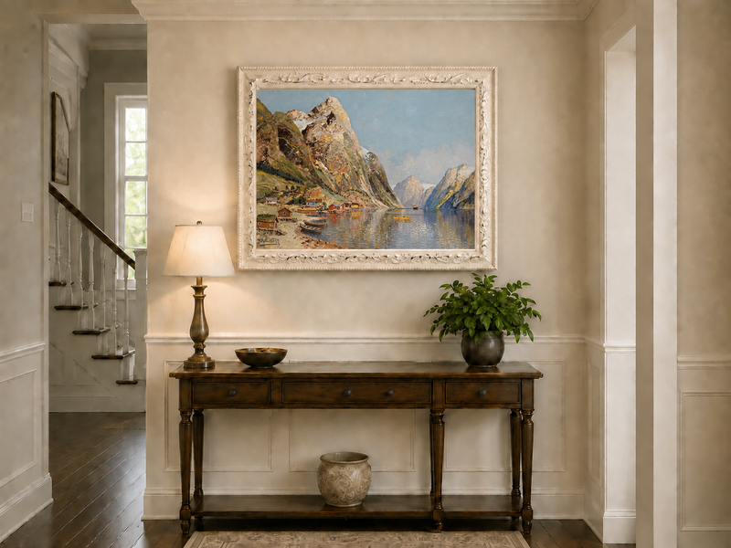 Peinture à l'huile de paysage - Village de Fjord Montagneux