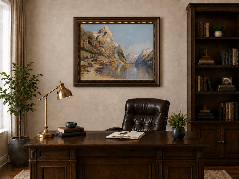 Peinture à l'huile de paysage - Village de Fjord Montagneux