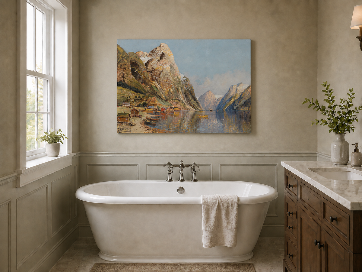 Peinture à l'huile de paysage - Village de Fjord Montagneux