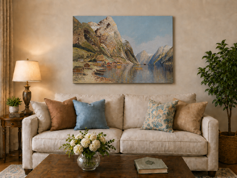 Peinture à l'huile de paysage - Village de Fjord Montagneux