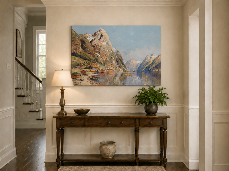 Peinture à l'huile de paysage - Village de Fjord Montagneux