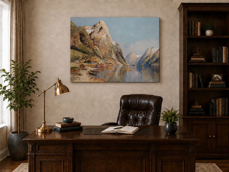 Peinture à l'huile de paysage - Village de Fjord Montagneux