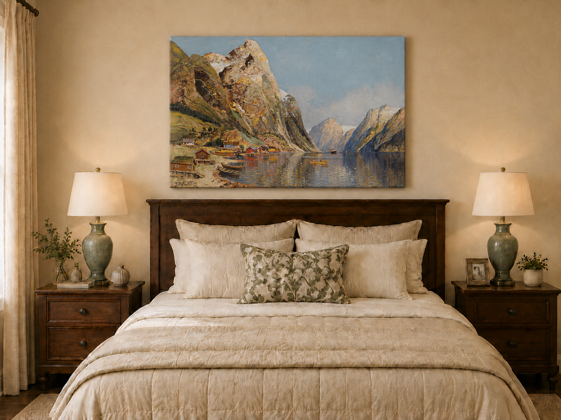 Peinture à l'huile de paysage - Village de Fjord Montagneux