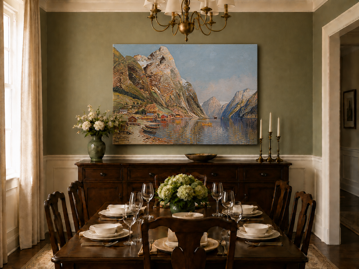 Peinture à l'huile de paysage - Village de Fjord Montagneux