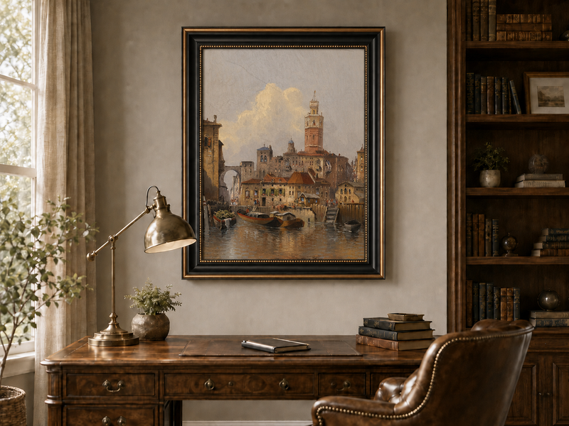 Landscape Oil Painting - European Canal Cityscape | Hand-Painted