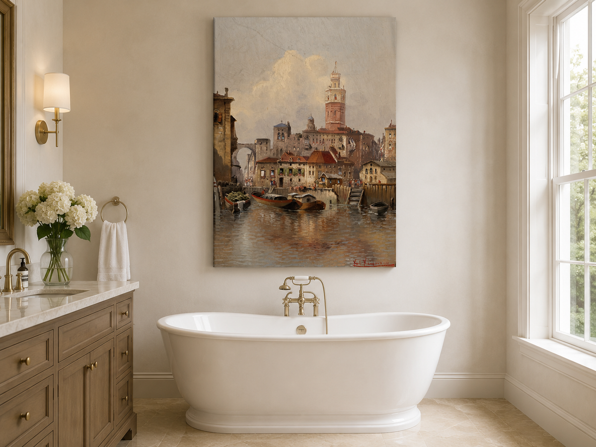Landscape Oil Painting - European Canal Cityscape | Hand-Painted