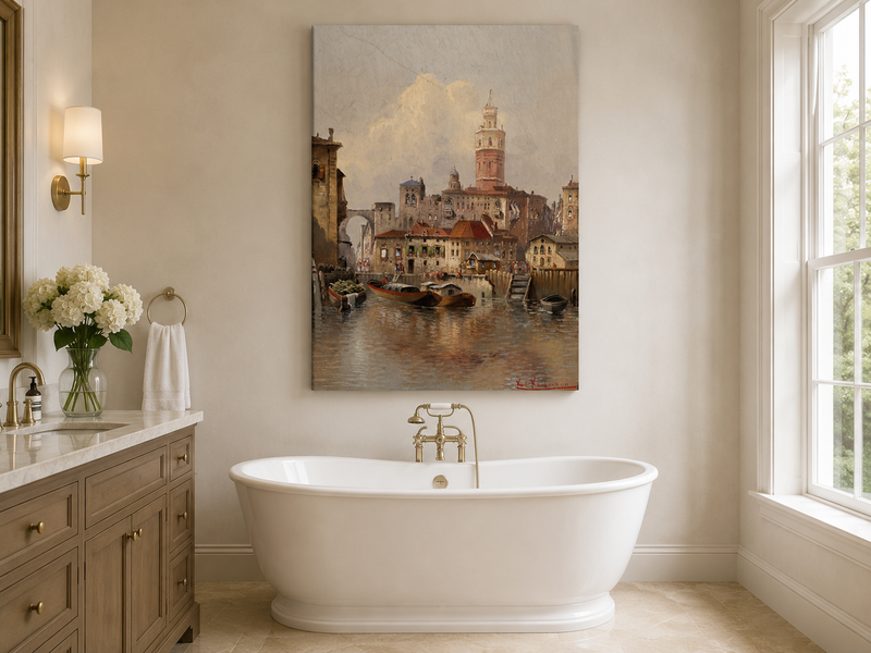 Landscape Oil Painting - European Canal Cityscape | Hand-Painted