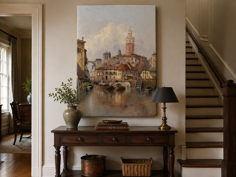 Landscape Oil Painting - European Canal Cityscape | Hand-Painted