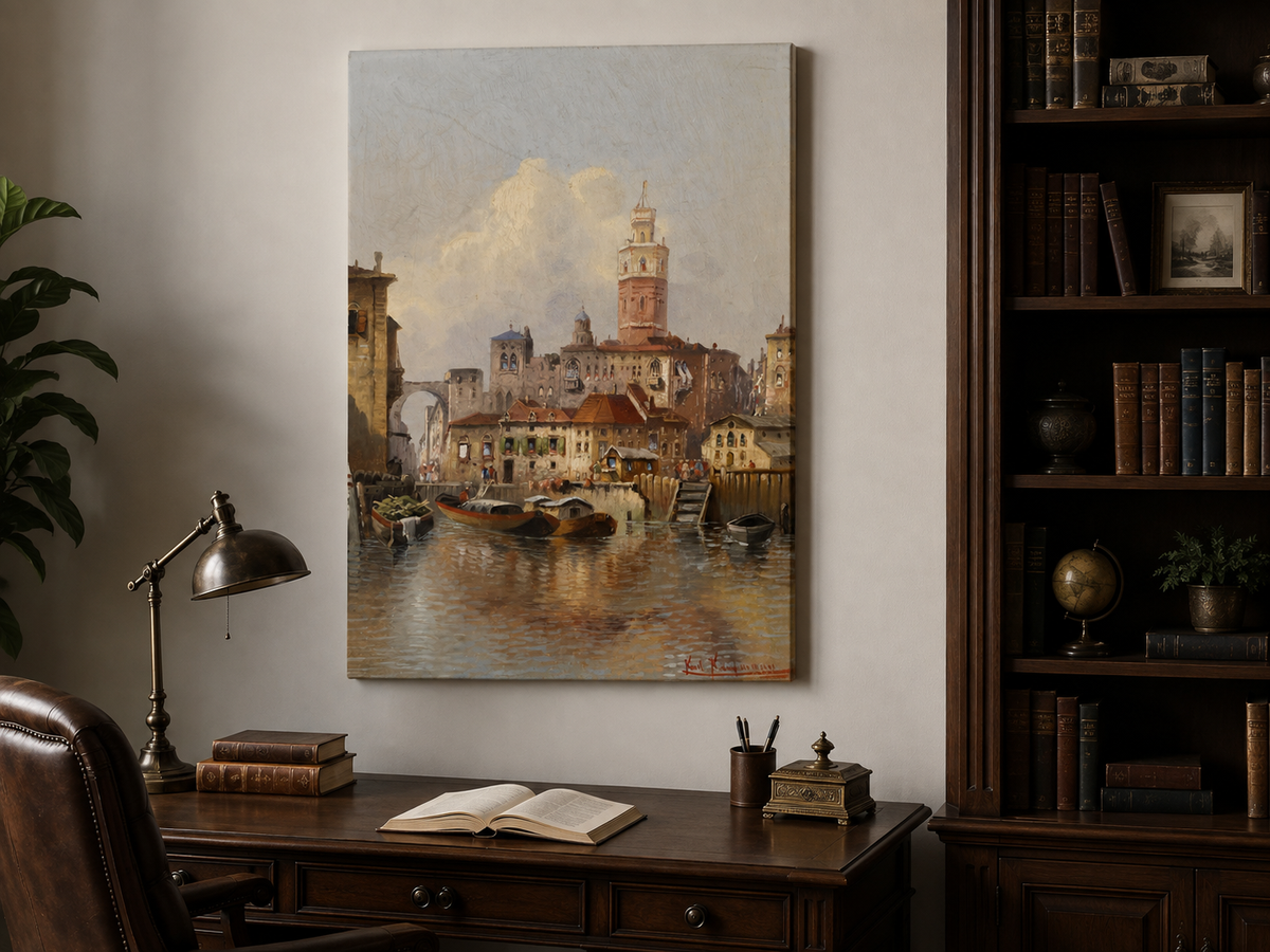 Landscape Oil Painting - European Canal Cityscape | Hand-Painted