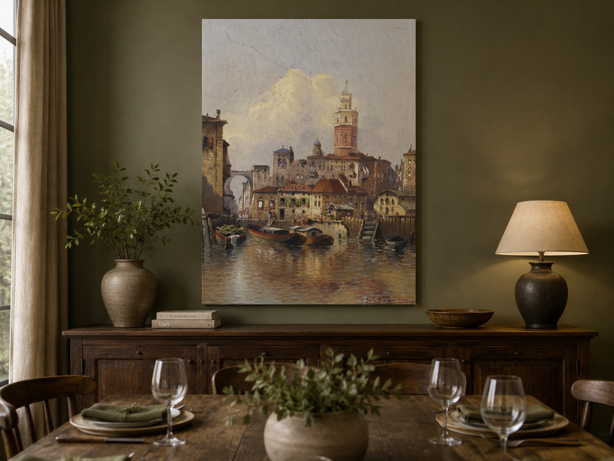 Landscape Oil Painting - European Canal Cityscape | Hand-Painted