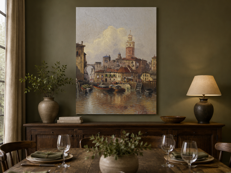 Landscape Oil Painting - European Canal Cityscape | Hand-Painted
