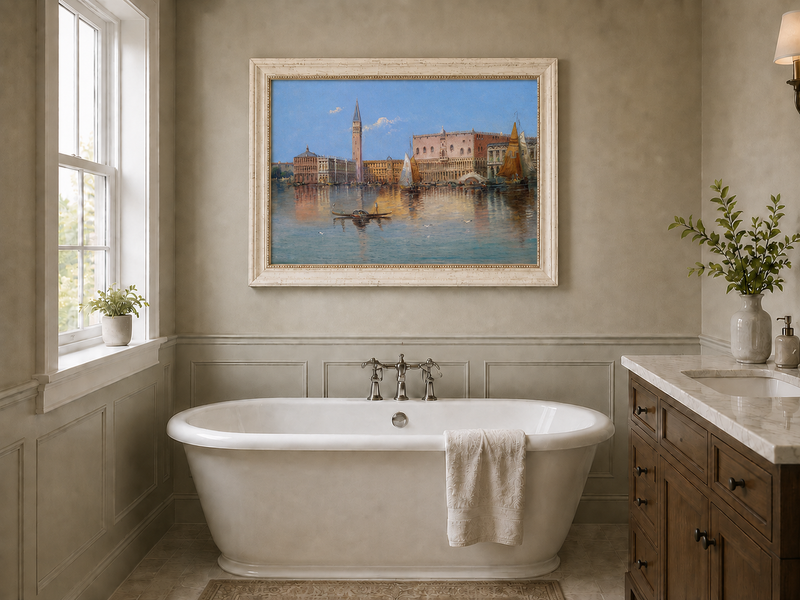 Peinture à l'huile de paysage - Bord de mer à Venise : Campanile et voiliers