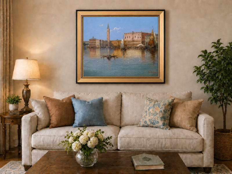 Peinture à l'huile de paysage - Bord de mer à Venise : Campanile et voiliers