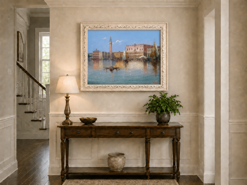 Peinture à l'huile de paysage - Bord de mer à Venise : Campanile et voiliers
