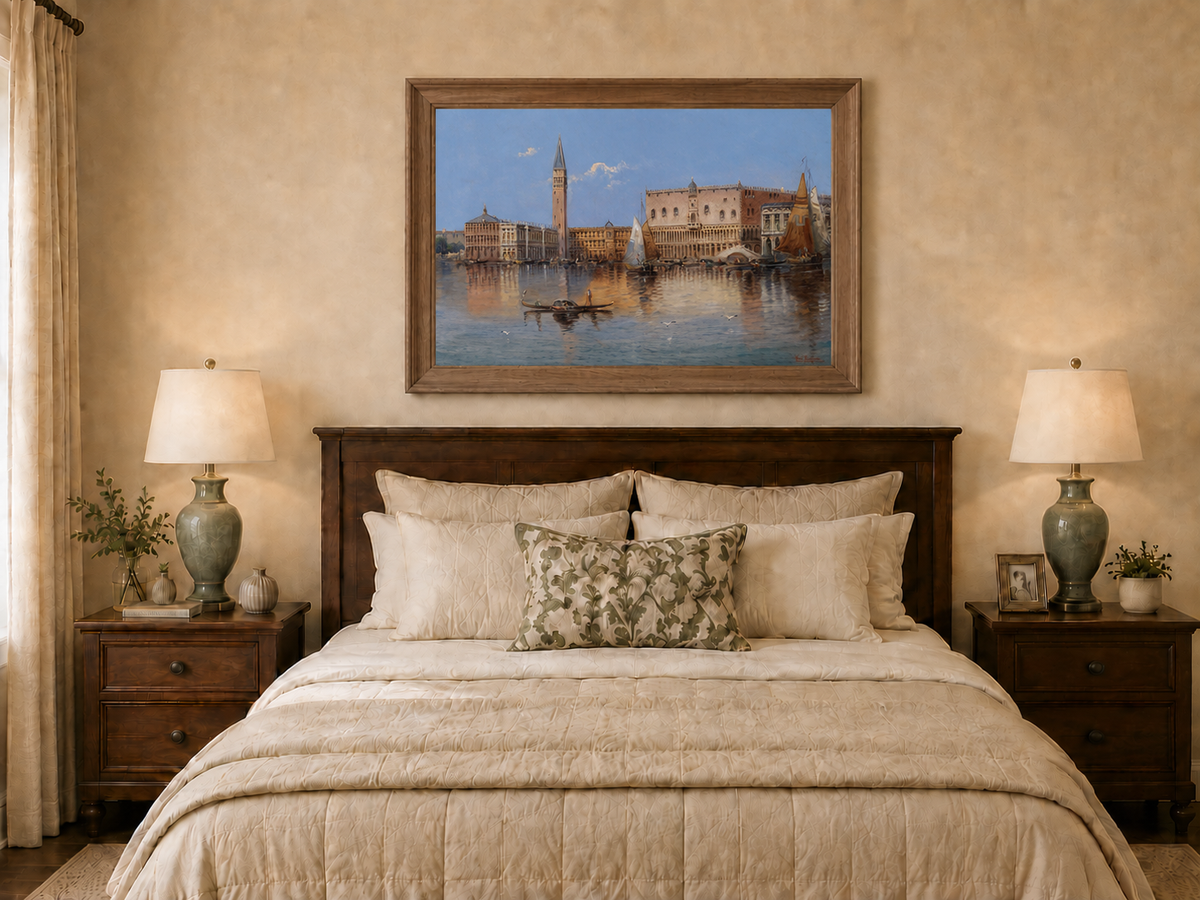 Peinture à l'huile de paysage - Bord de mer à Venise : Campanile et voiliers