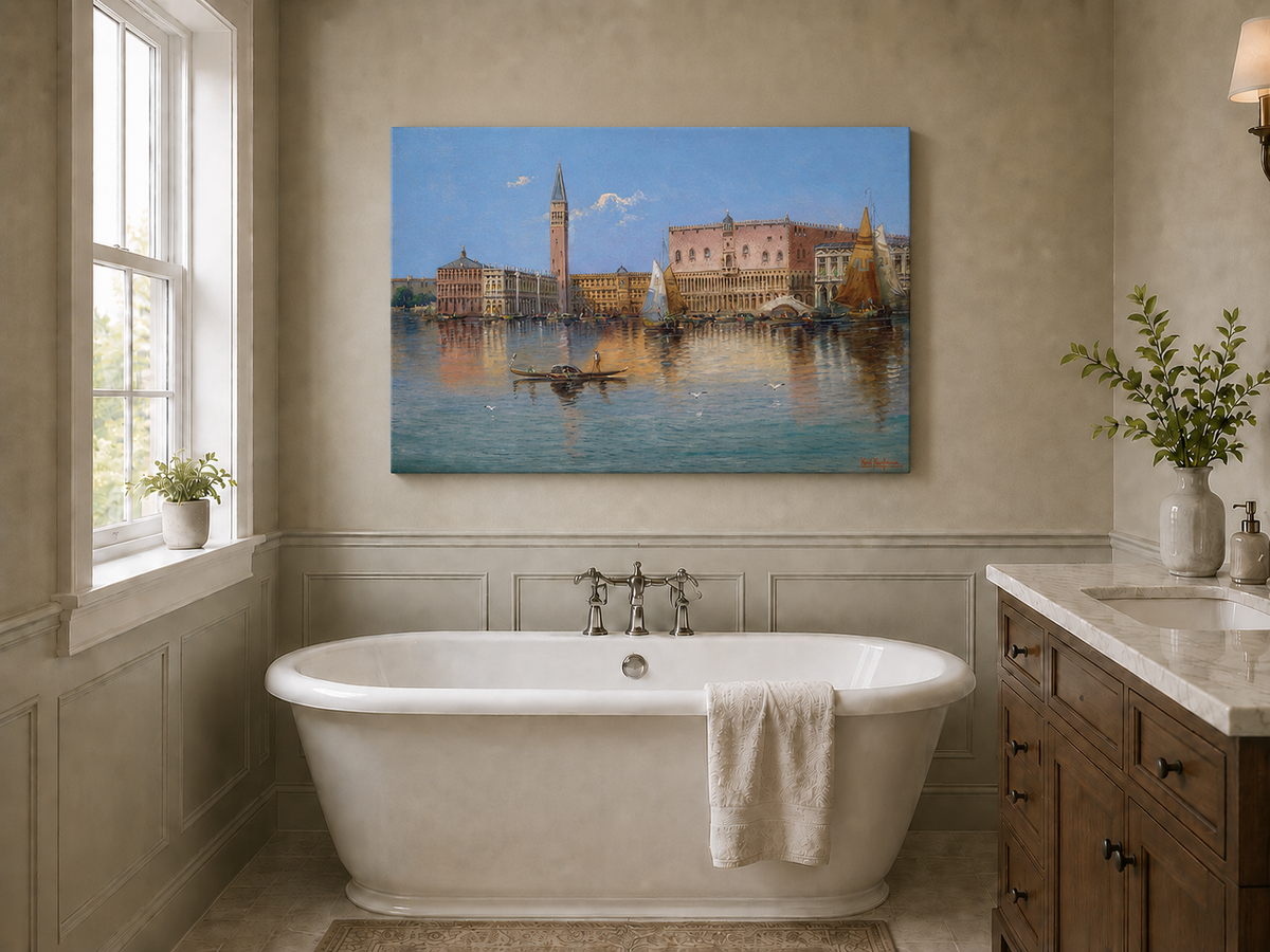 Peinture à l'huile de paysage - Bord de mer à Venise : Campanile et voiliers