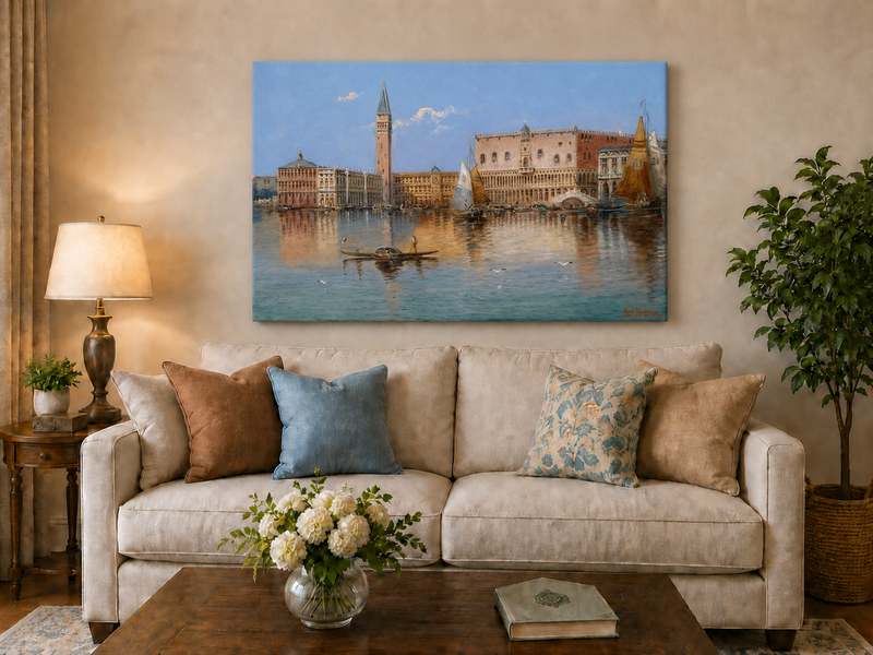 Peinture à l'huile de paysage - Bord de mer à Venise : Campanile et voiliers