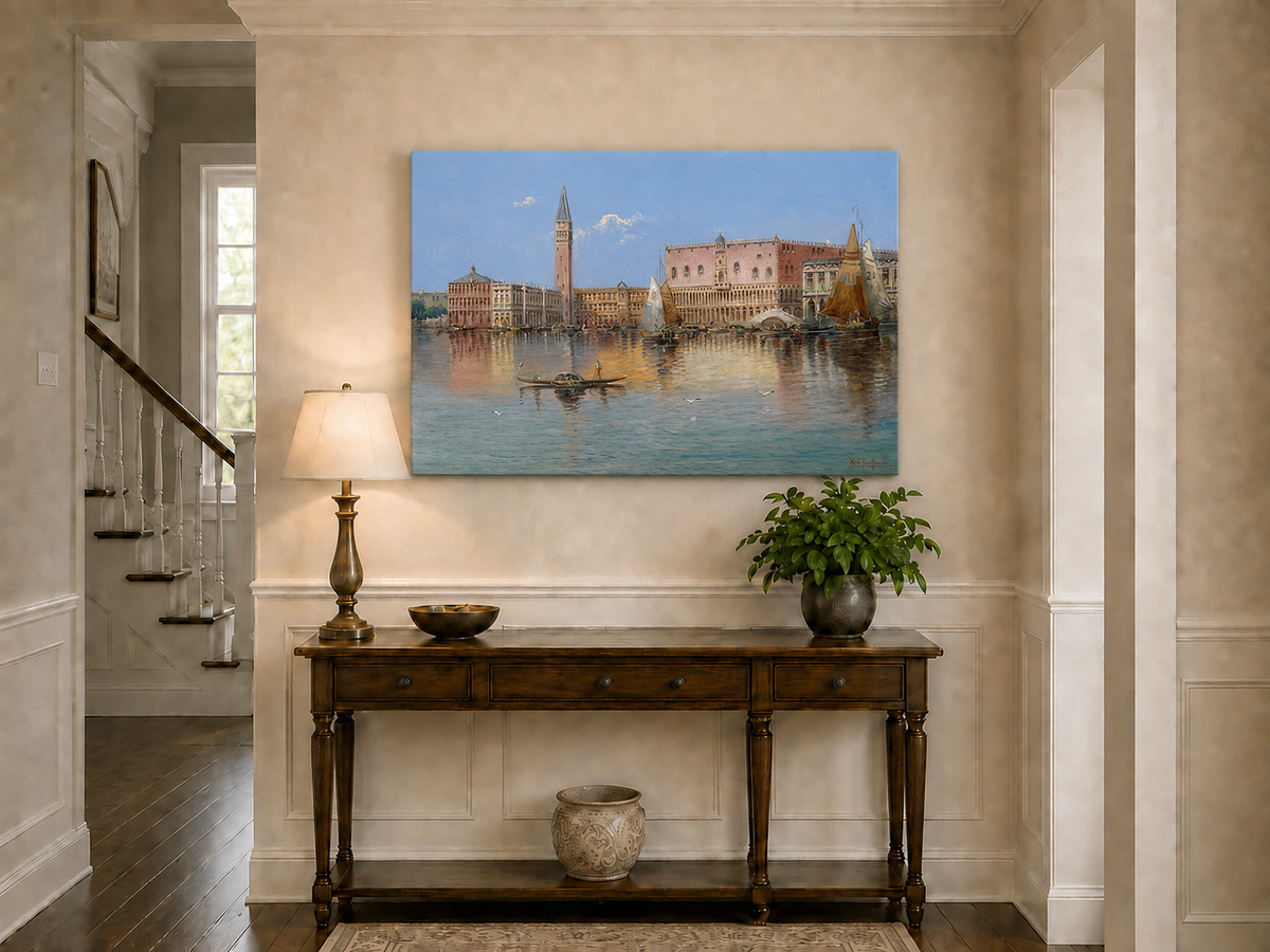 Peinture à l'huile de paysage - Bord de mer à Venise : Campanile et voiliers