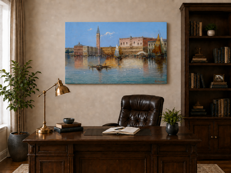 Peinture à l'huile de paysage - Bord de mer à Venise : Campanile et voiliers