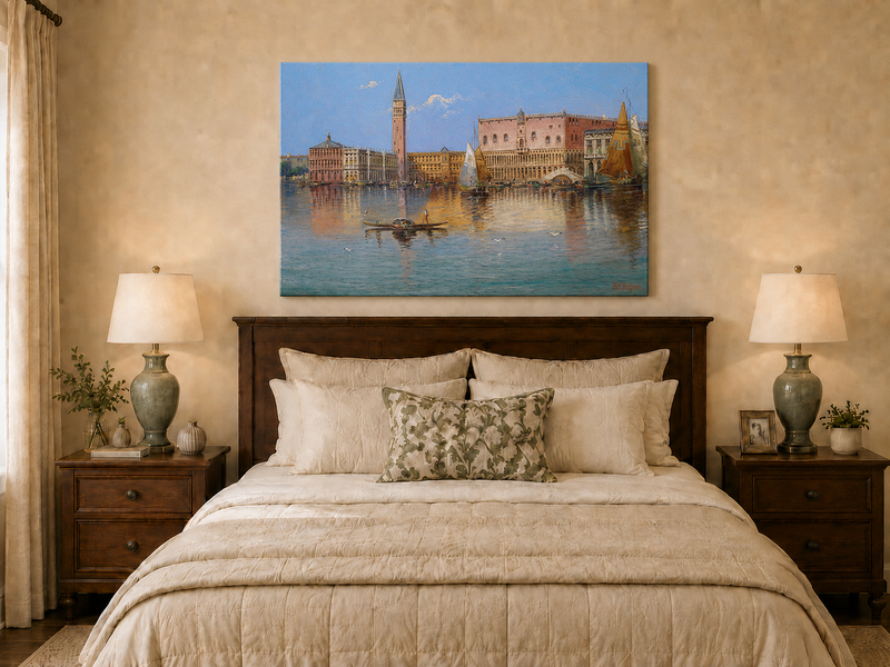 Peinture à l'huile de paysage - Bord de mer à Venise : Campanile et voiliers