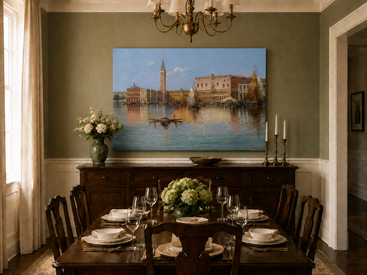 Peinture à l'huile de paysage - Bord de mer à Venise : Campanile et voiliers