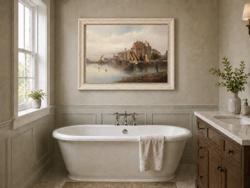 Landscape Oil Painting - Riverfront City Port & Historic