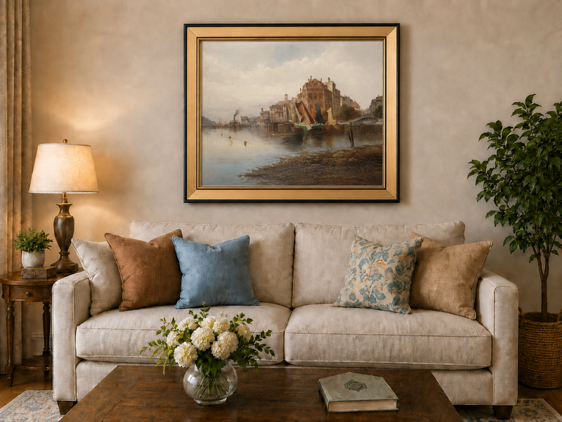 Landscape Oil Painting - Riverfront City Port & Historic