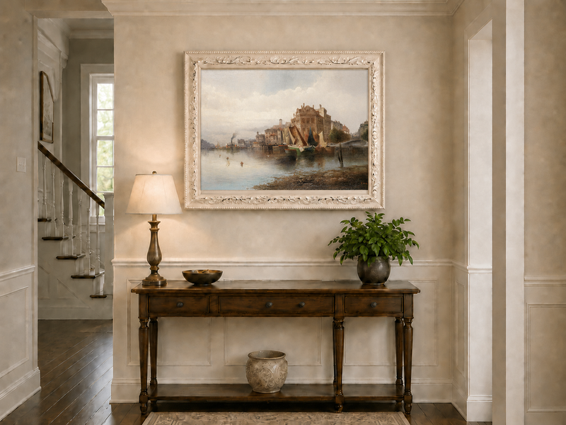 Landscape Oil Painting - Riverfront City Port & Historic