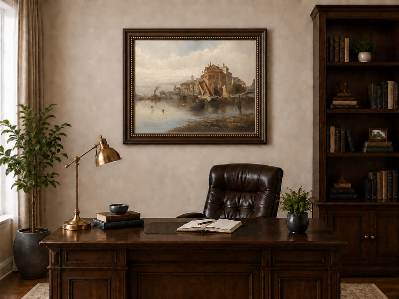 Landscape Oil Painting - Riverfront City Port & Historic