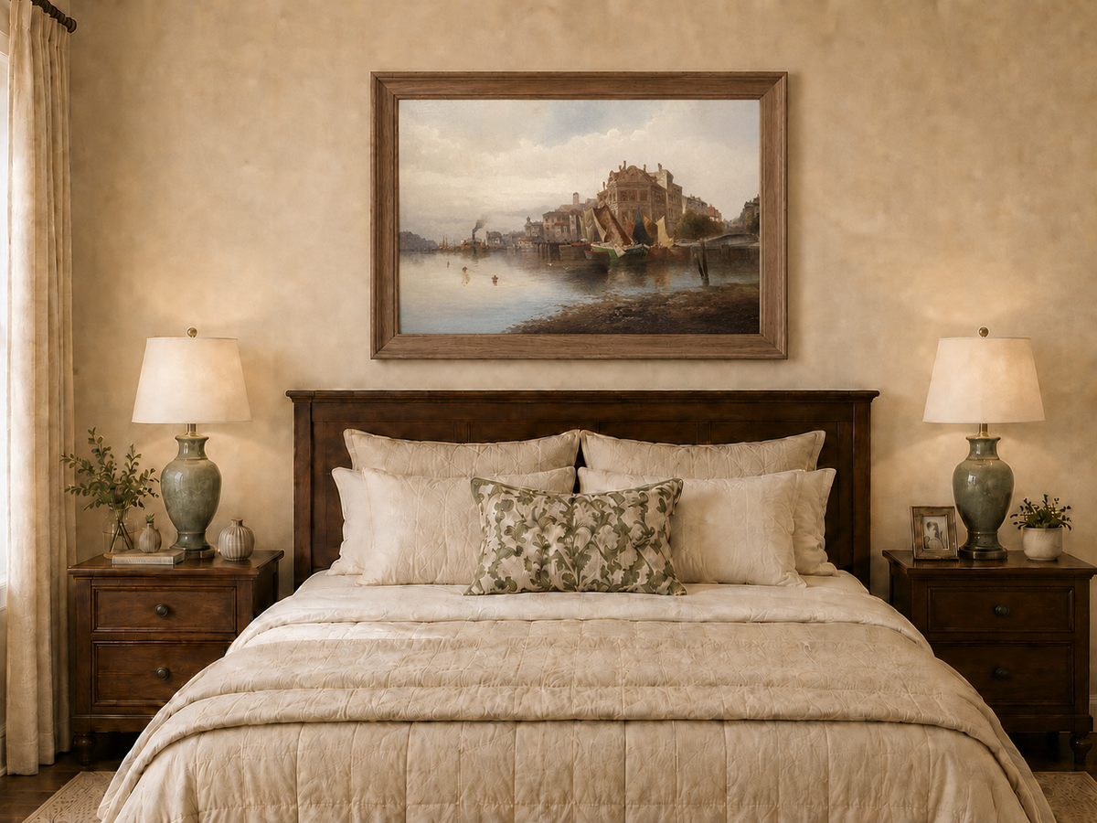 Landscape Oil Painting - Riverfront City Port & Historic