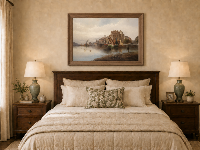 Landscape Oil Painting - Riverfront City Port & Historic
