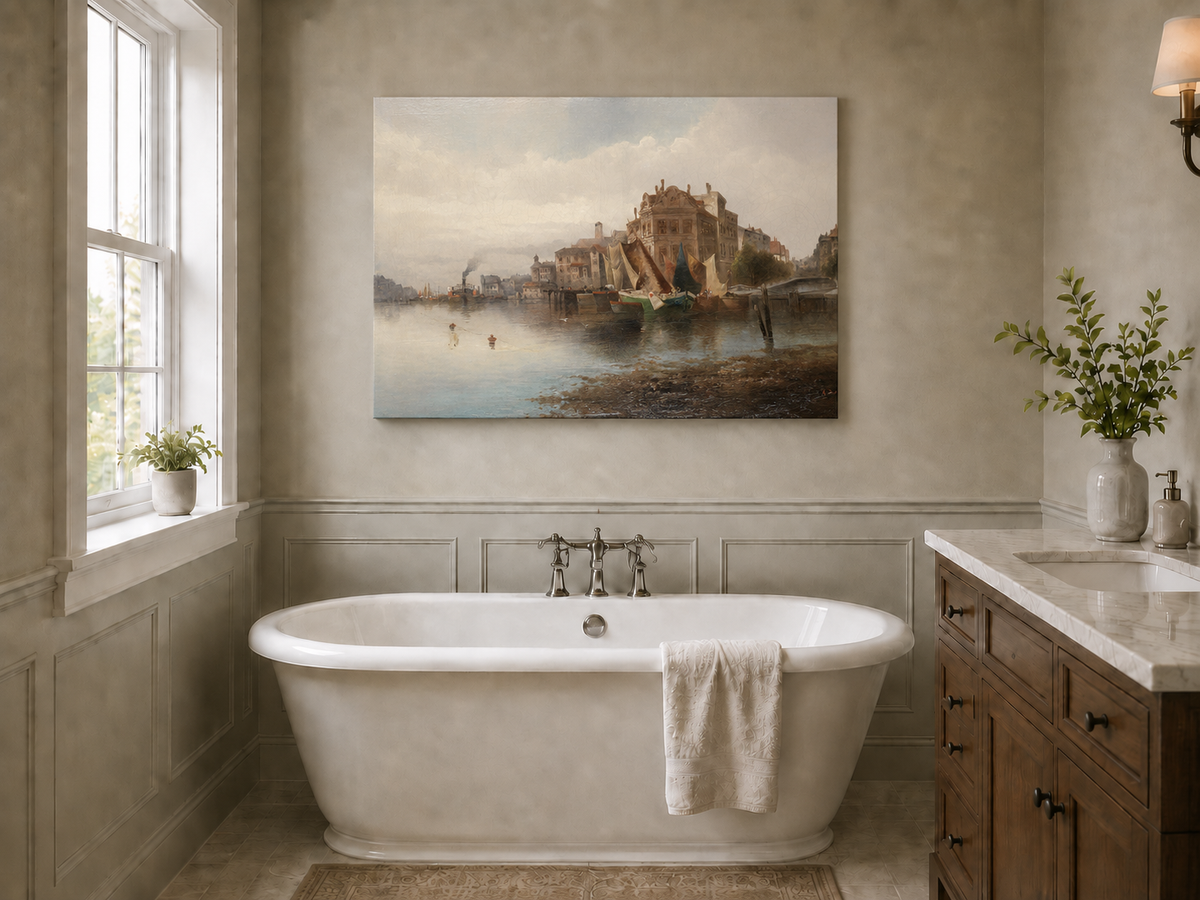 Landscape Oil Painting - Riverfront City Port & Historic